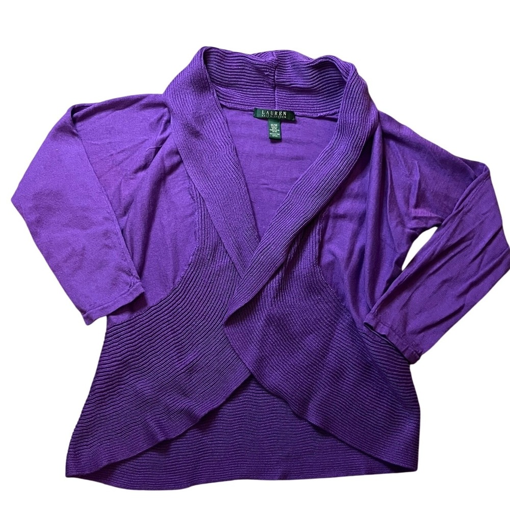 Lauren Ralph Lauren Purple Cotton Hooded Open Front Cardigan Sweater M Preppy